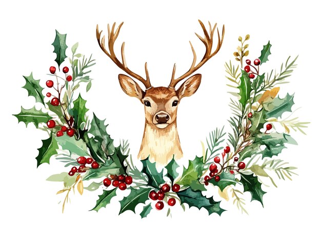 Vector a drawing of a deer with berries and holly