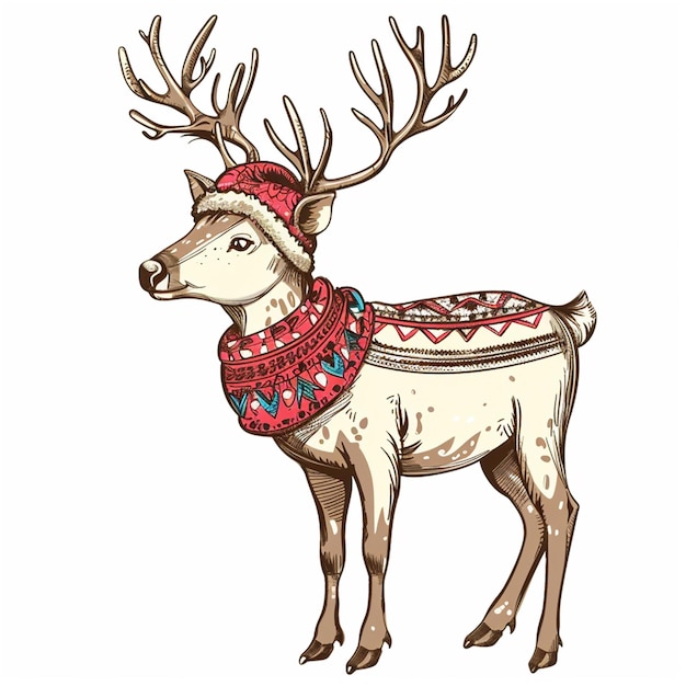 a drawing of a deer with a red scarf on it