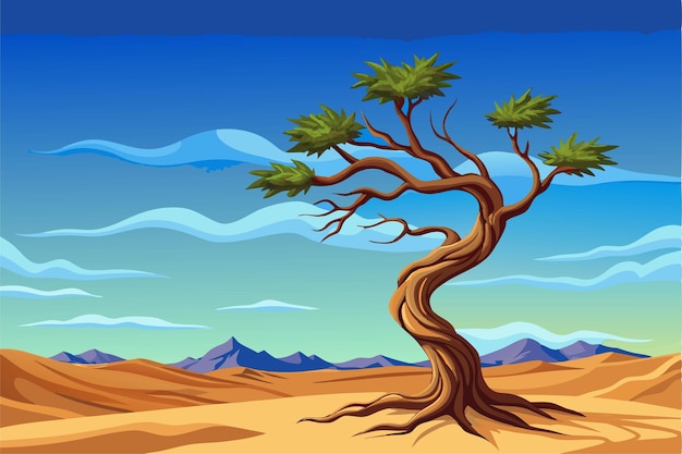 a drawing of a desert landscape with a tree with mountains in the background