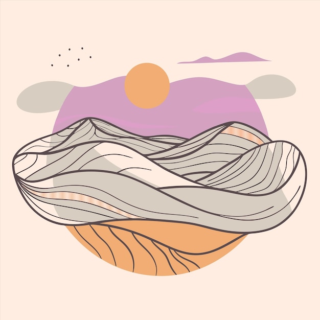 a drawing of a desert with the sun behind it