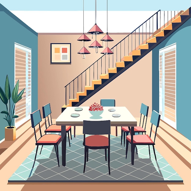 Vector a drawing of a dining room with a table and chairs