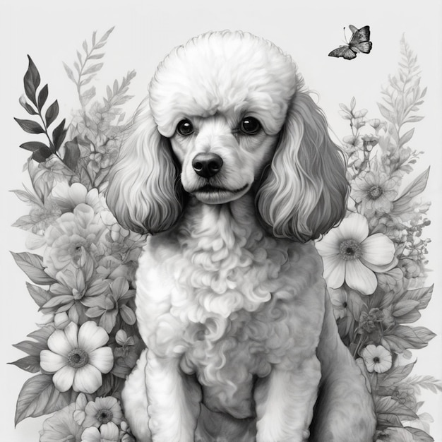 a drawing of a dog and a butterfly in the garden