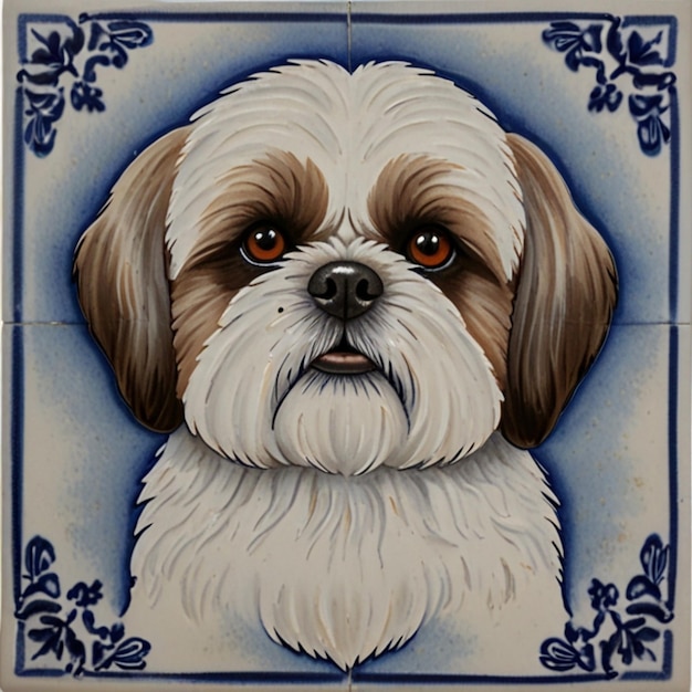 Vector a drawing of a dog with a blue background with a pattern of flowers