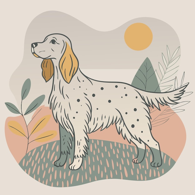 Vector a drawing of a dog with a sun and plants in the background