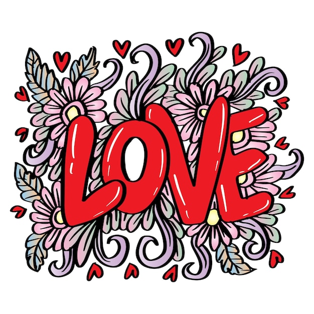 Drawing Doodle Love, hand drawn love with floral decoration.