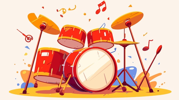 Vector a drawing of a drum set with drums and a drum kit with a musical band on the top