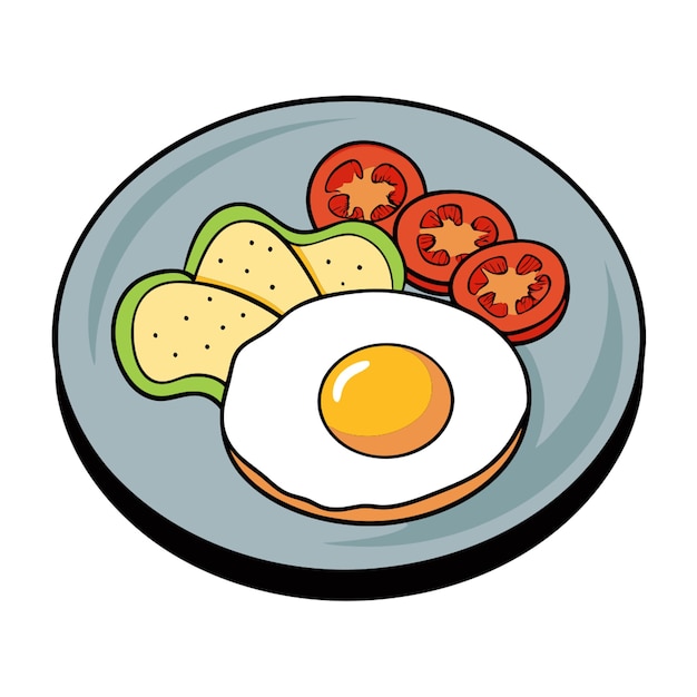 Vector a drawing of an egg on a plate with eggs and tomatoes