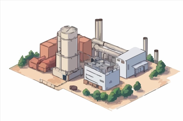 a drawing of a factory with a building and trees