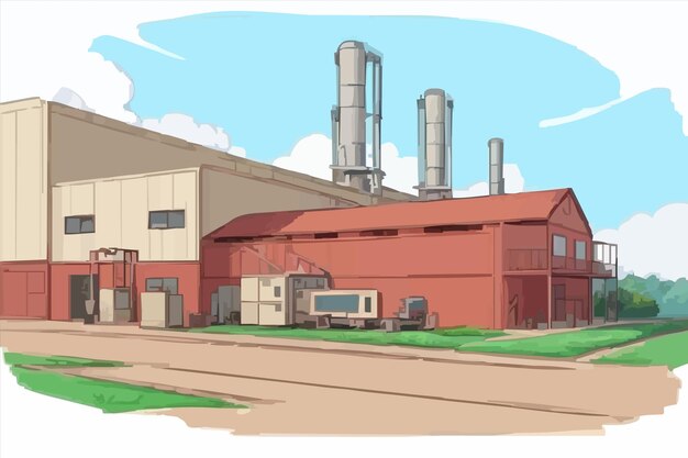 a drawing of a factory with a truck parked in front of it