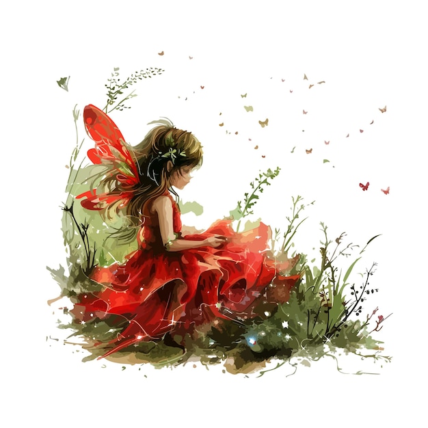 Vector a drawing of a fairy sitting in the grass with butterflies and butterflies