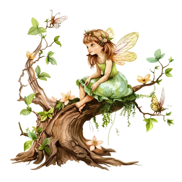 a drawing of a fairy sitting on a tree branch with a fairy in the background