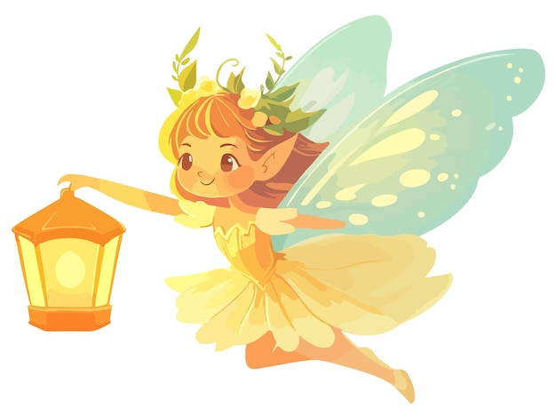 Vector a drawing of a fairy with a lantern and a cup of tea