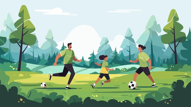 Vector a drawing of a family playing soccer in the park