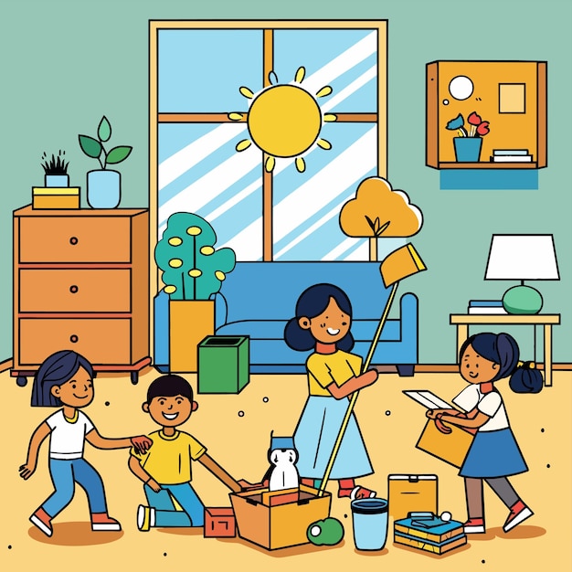 Vector a drawing of a family in a room with a sun and a girl with a sun hat