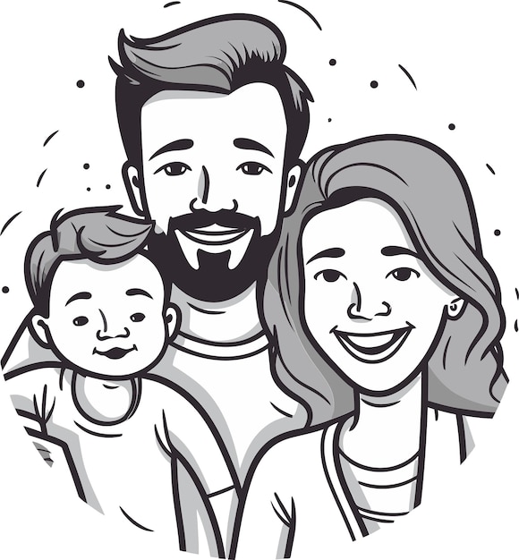 a drawing of a family with a baby and a man with a hat on