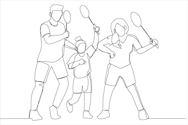 Drawing of family with badminton rackets and shuttlecock Single continuous line art