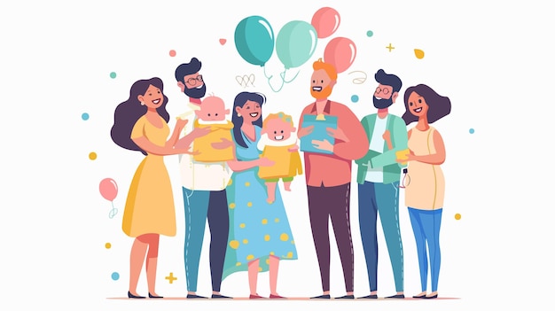 Vector a drawing of a family with balloons and a baby