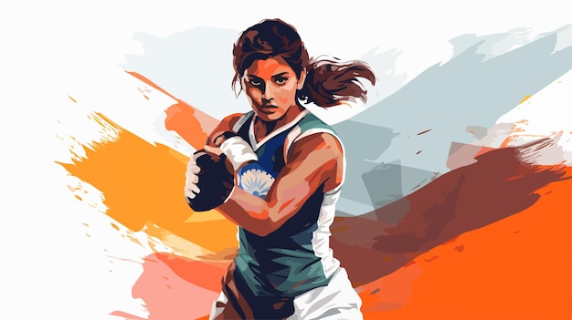 a drawing of a female athlete with a blue jersey and white shorts