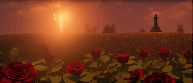 Vector drawing field red rose flowers and blurred background view dark mysterious tower and a bright moon