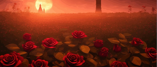 Drawing field red rose flowers and blurred background view dark mysterious tower and a bright moon