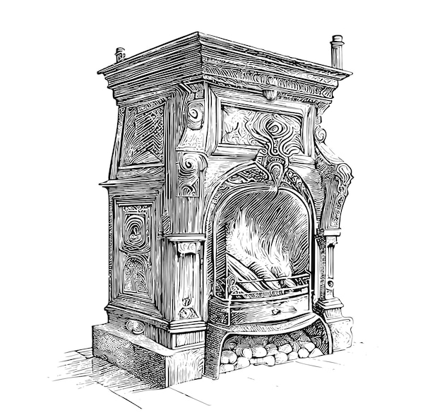 Drawing of a fireplace with a fire in the middle