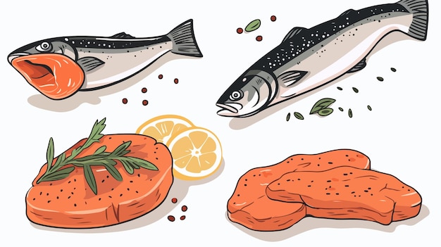 Vector a drawing of fish salmon and lemons