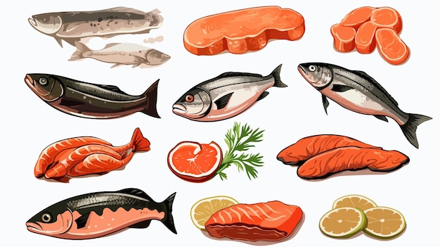 a drawing of fish and seafood on a white background