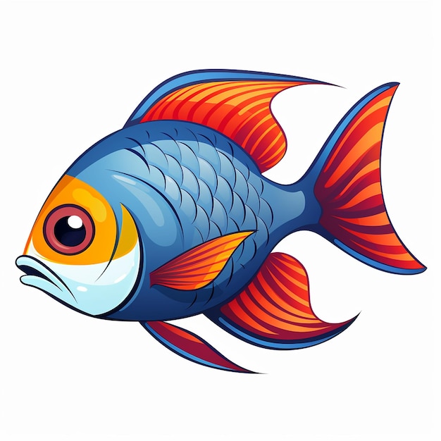 a drawing of a fish with a blue tail and orange and red stripes