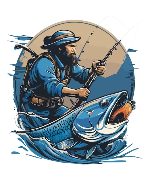 a drawing of a fisherman with a fish in his hand