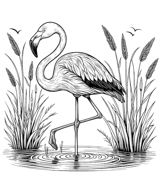 a drawing of a flamingo with a bird in the background