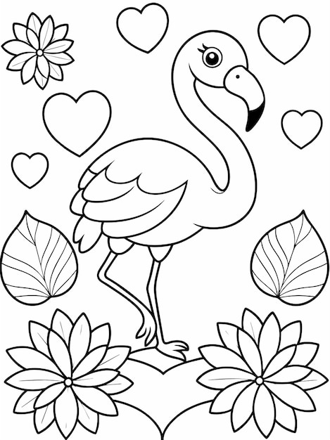 Vector a drawing of a flamingo with hearts and a white background with hearts