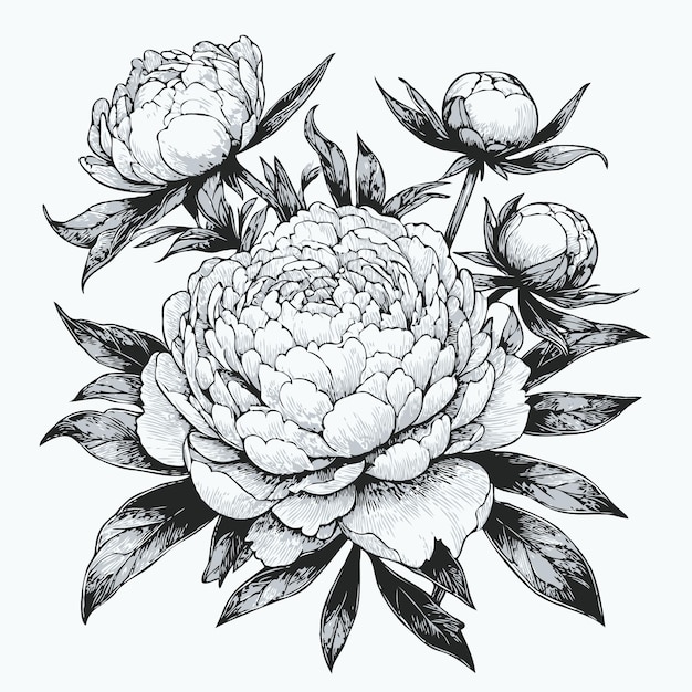 Vector a drawing of a flower that has the name peonies on it