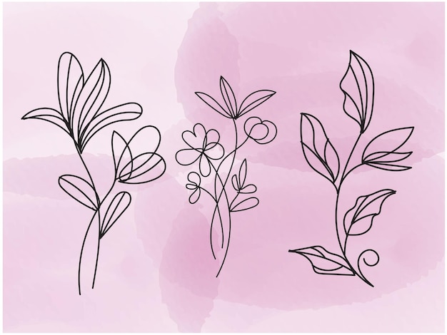 a drawing of flowers and leaves with a pink background