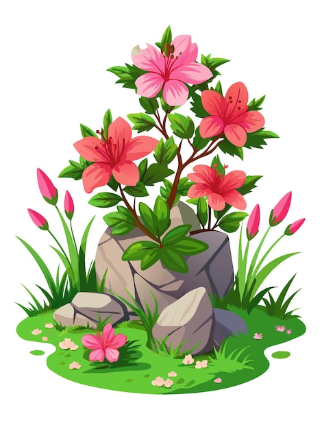 a drawing of flowers and a rock in the grass