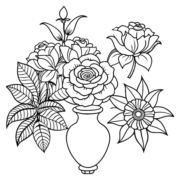 a drawing of flowers with flowers and leaves on a white background