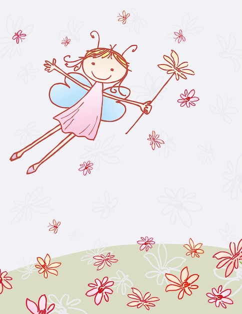 Drawing of a flying elf girl with floral magic wand