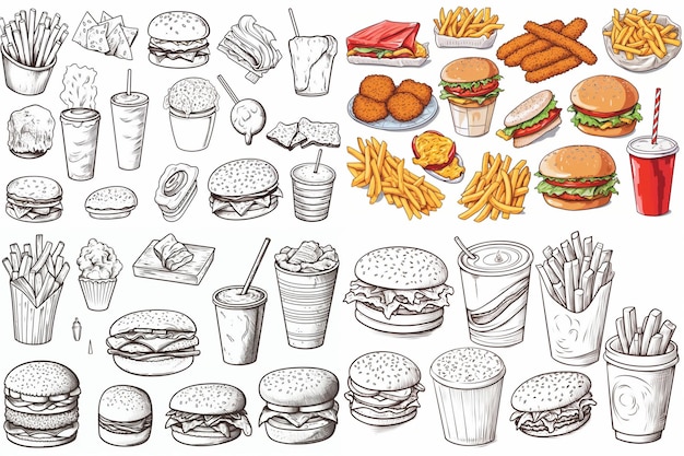 a drawing of a food and drink including french fries and burgers