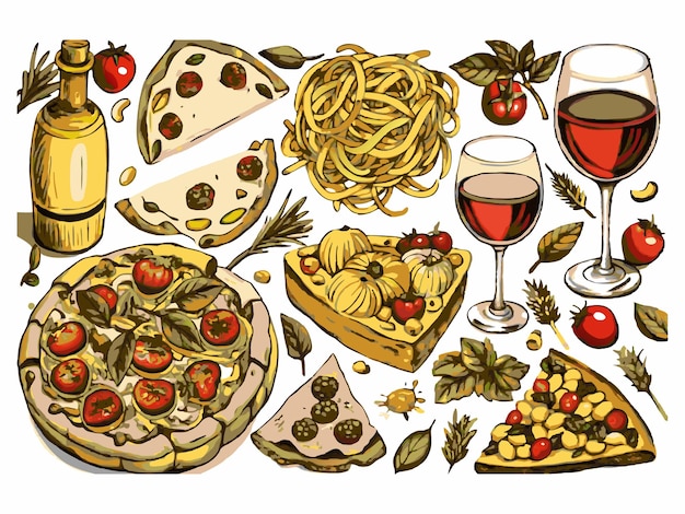 Vector a drawing of food including cheese vegetables and wine