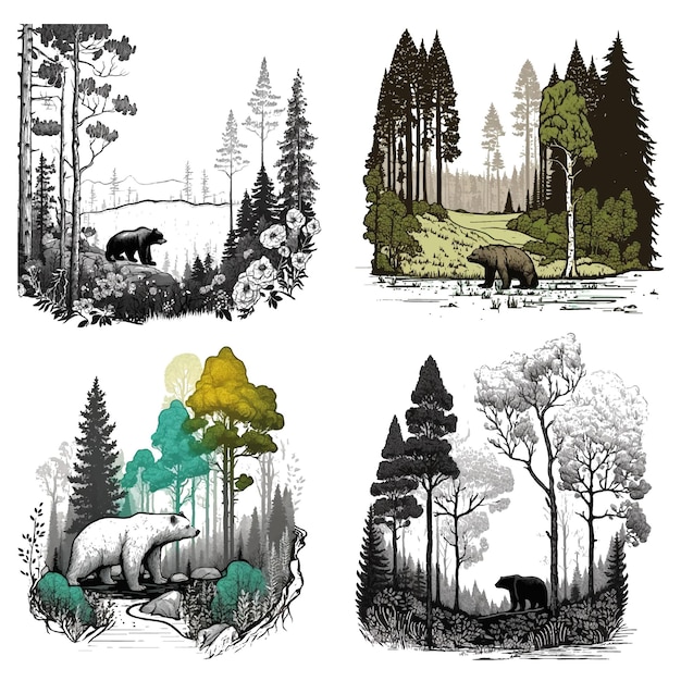 A drawing of a forest with a bear on it