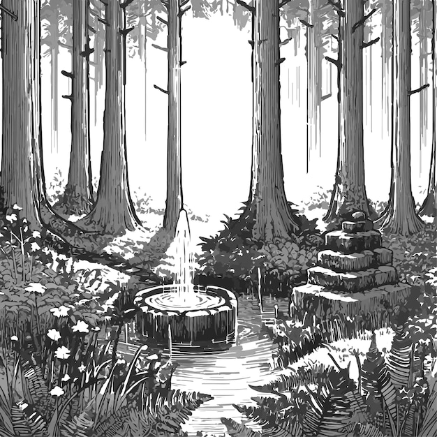 a drawing of a forest with a fountain in the foreground