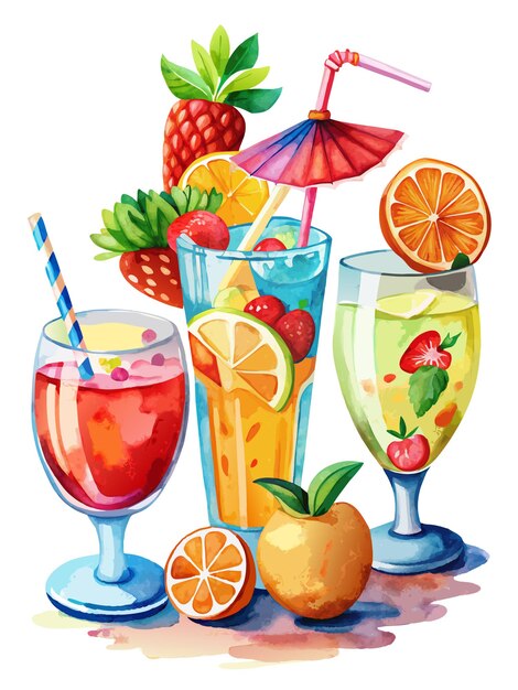 Vector a drawing of fruit and drinks with a straw hat on it