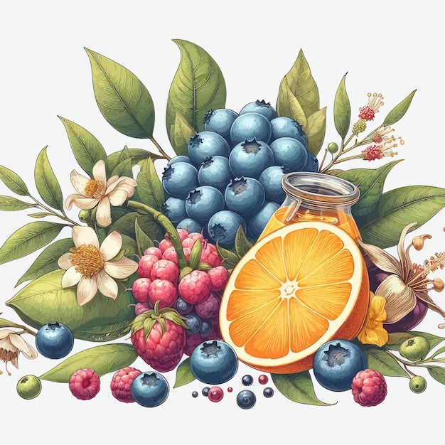 a drawing of a fruit and flowers with a lemon on it