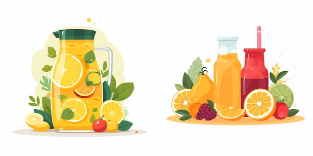 Vector a drawing of fruit and vegetables with a jar of orange juice