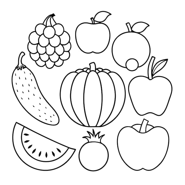 a drawing of fruits including grapes apple and grapes