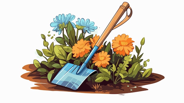 Vector a drawing of a garden with a shovel and flowers