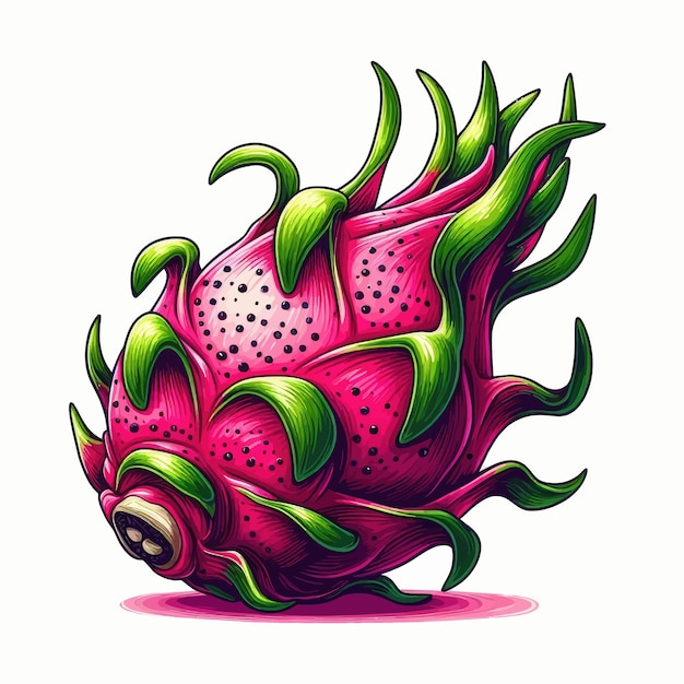 a drawing of a giant pink strawberry with green leaves and a green dragon