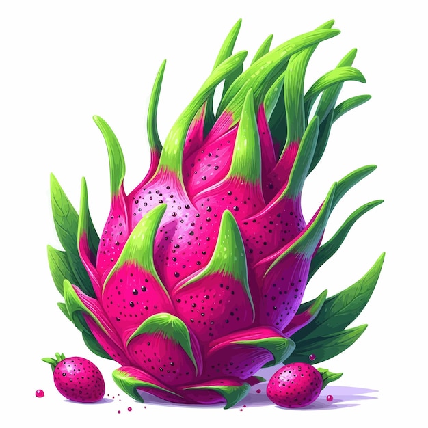 a drawing of a giant pink strawberry with green leaves and pink spots