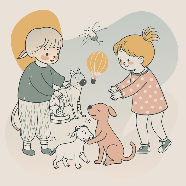 Vector a drawing of a girl and a dog with a girl and a dog