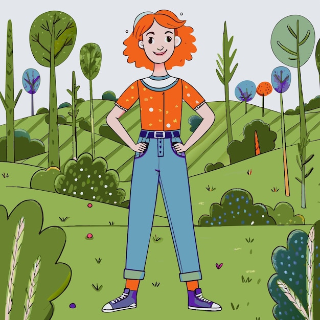 Vector a drawing of a girl in a field with a red haircut