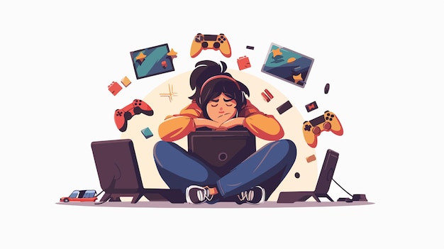 Vector a drawing of a girl playing video games with a laptop